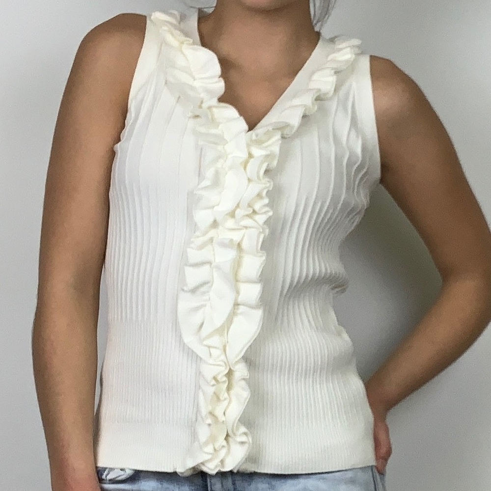 Tracy M Ruffle Button V Neck Ribbed Knit Tank - Picture 8 of 8